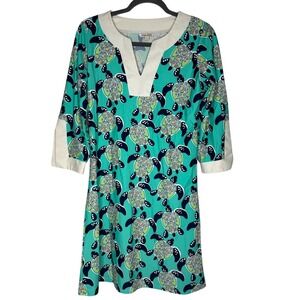 All For Color Women Sea Turtle Print Dress V Neck Sz M Resortwear Beach Vacation
